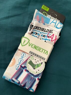 Adrenaline Vendetta Men’s Technical Crew Socks - White with Blue & Pink Accents